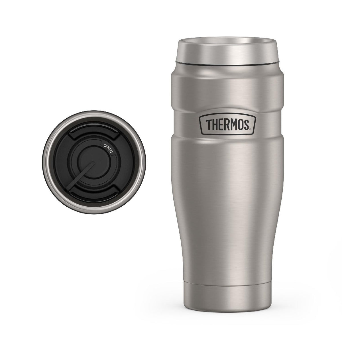 THERMOS Stainless King 16oz matte steel tumbler shown for on-the-go hot drinks