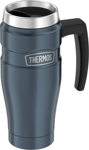 Thermos Stainless King travel mug in slate keeps beverages hot or cold on the go.