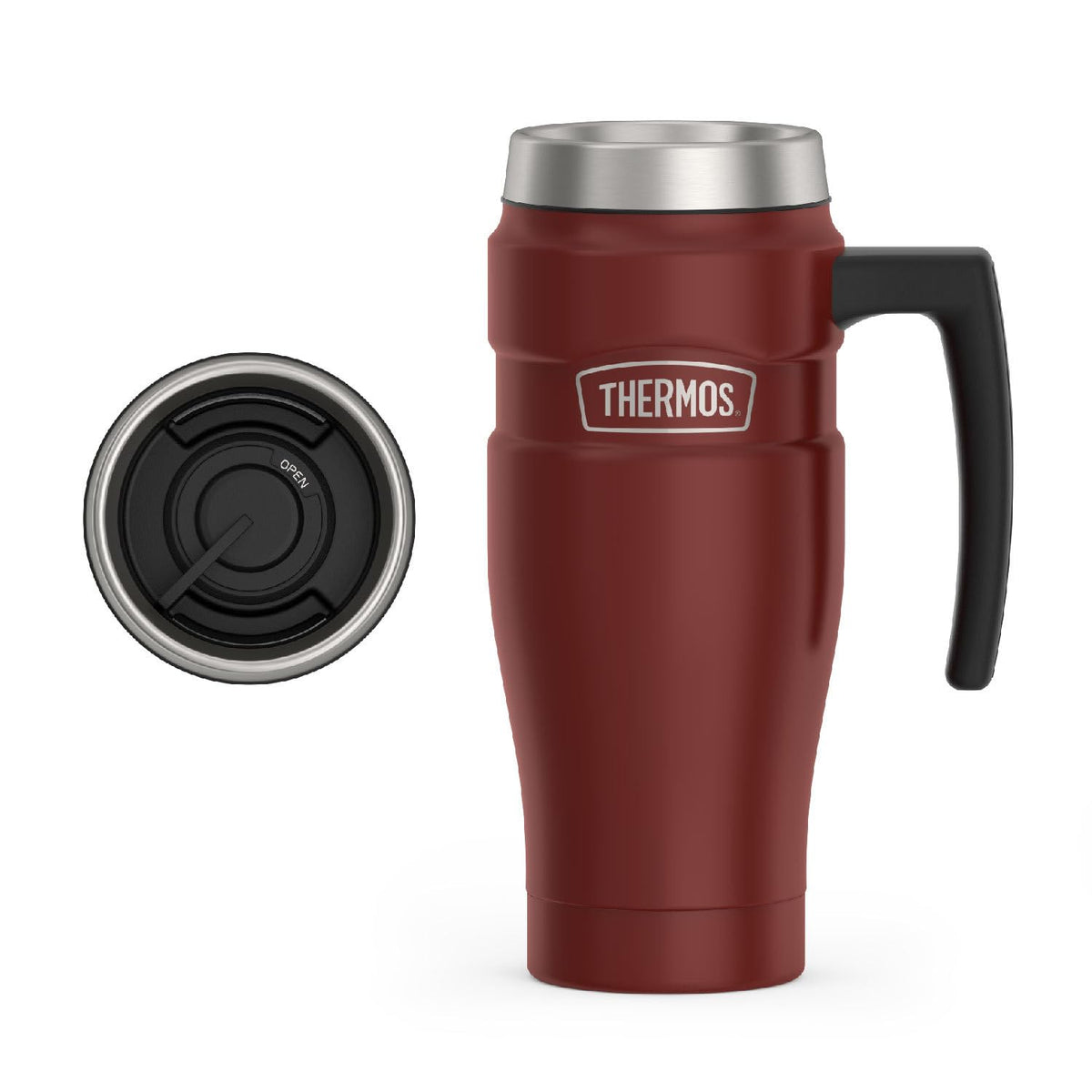 THERMOS Stainless King travel mug with handle for easy commuting and hot drinks