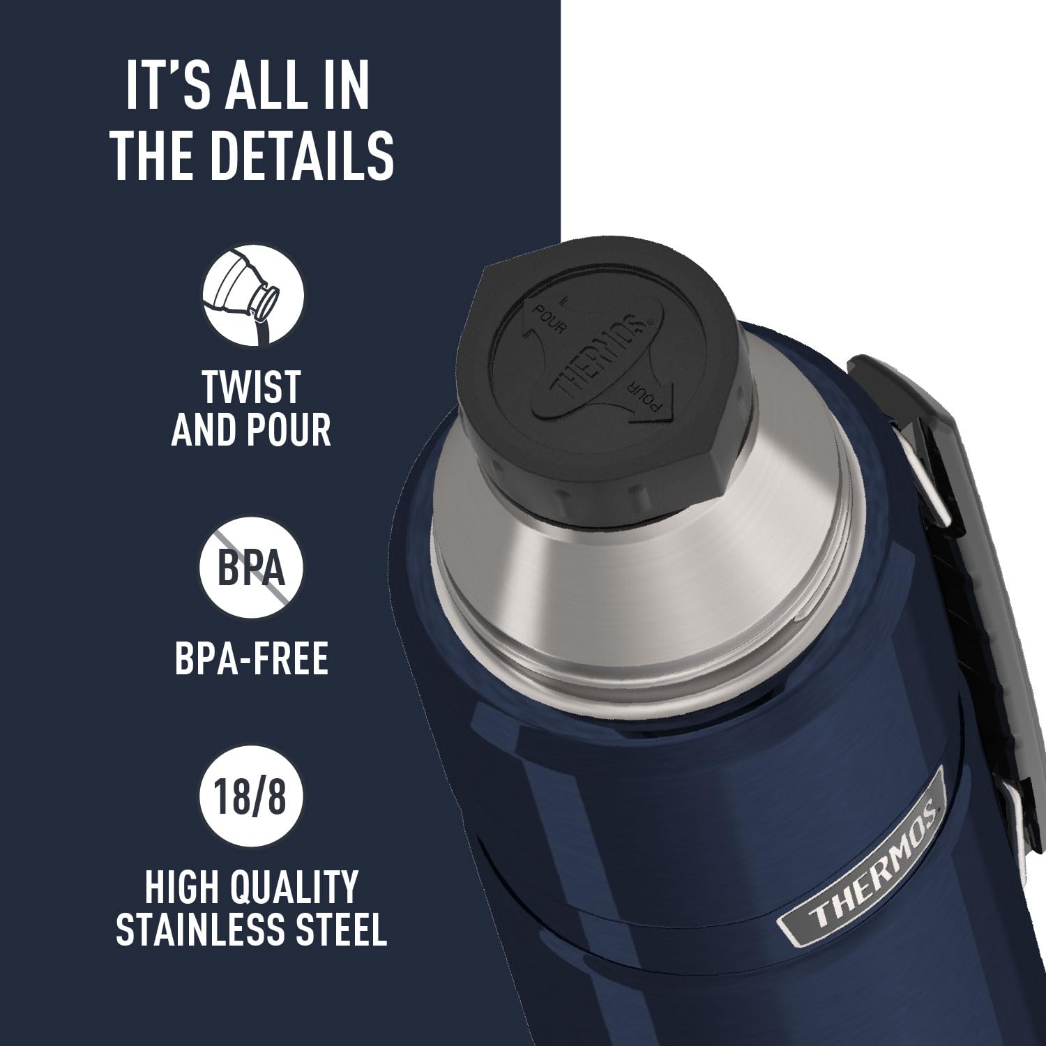 THERMOS twist and pour stopper enables serving without removing the cap