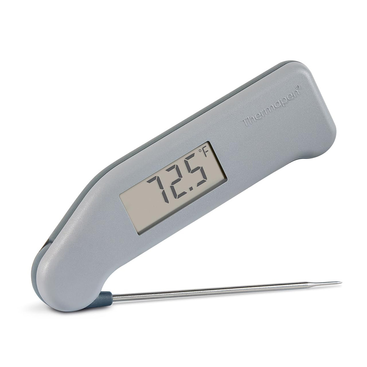 ThermoWorks Thermapen Dove Grey performs a quick read for precise meat temperatures.