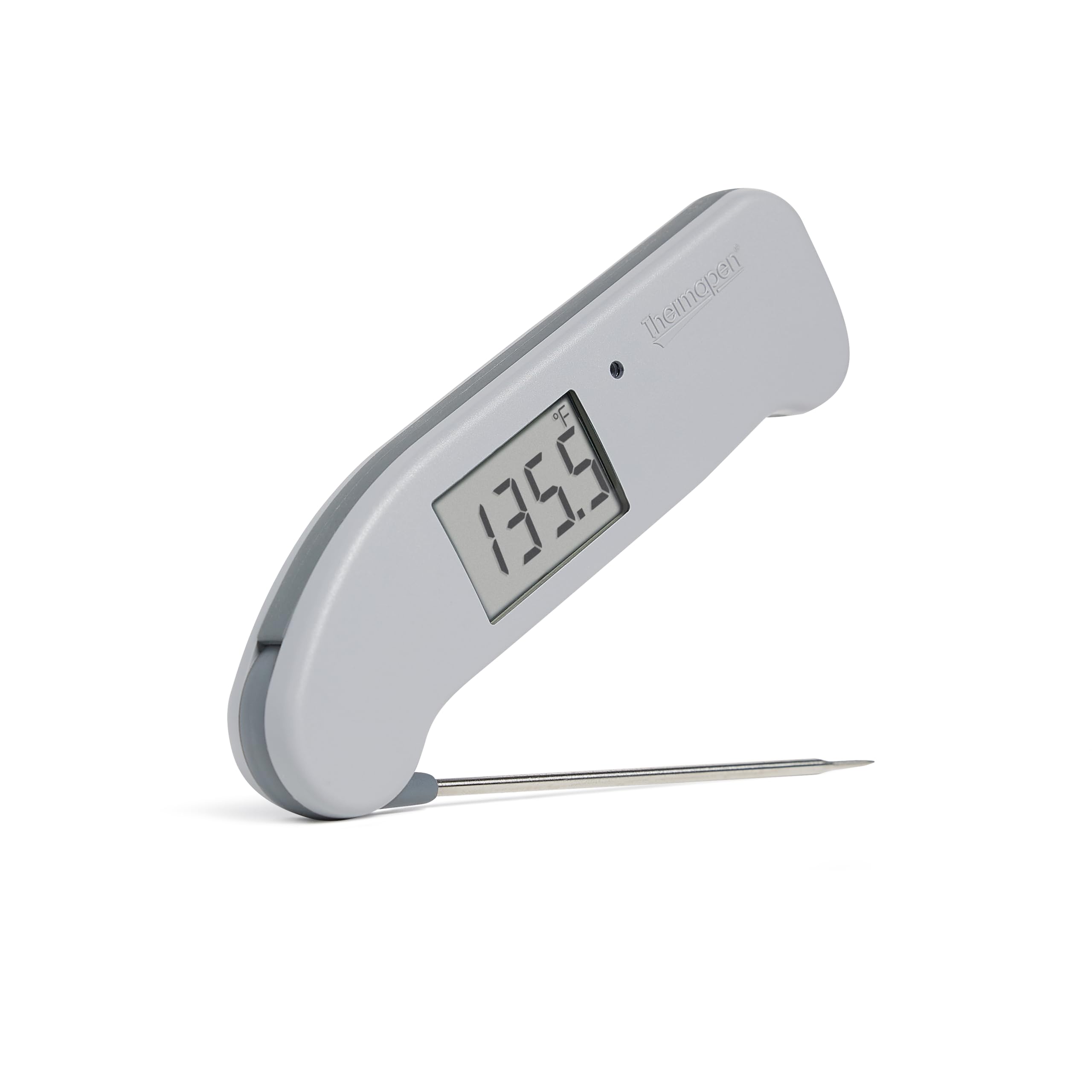 Thermapen ONE by ThermoWorks in dove grey, front view with quick temperature read