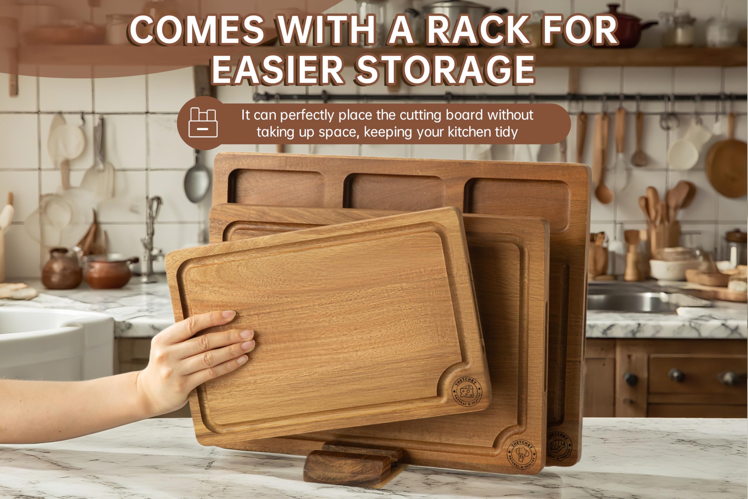 thetchry acacia board with built-in rack, organized storage on countertops