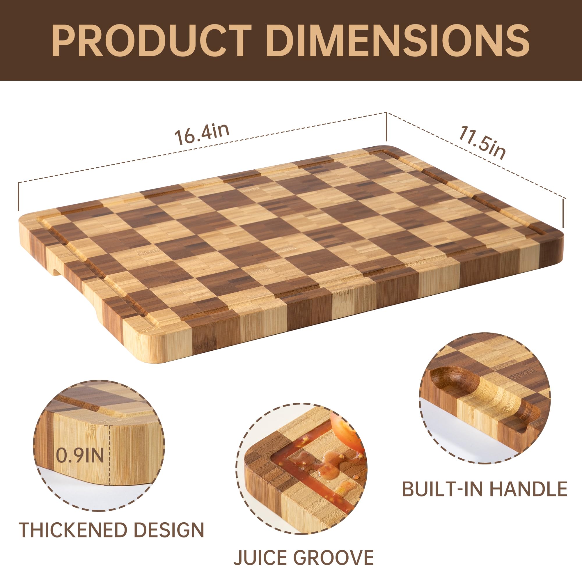 Thetchry bamboo board with juice groove catches liquids during prep.