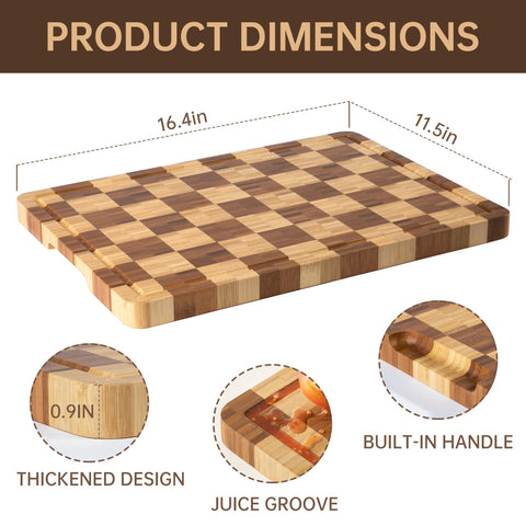 Thetchry bamboo board with juice groove catches liquids during prep.