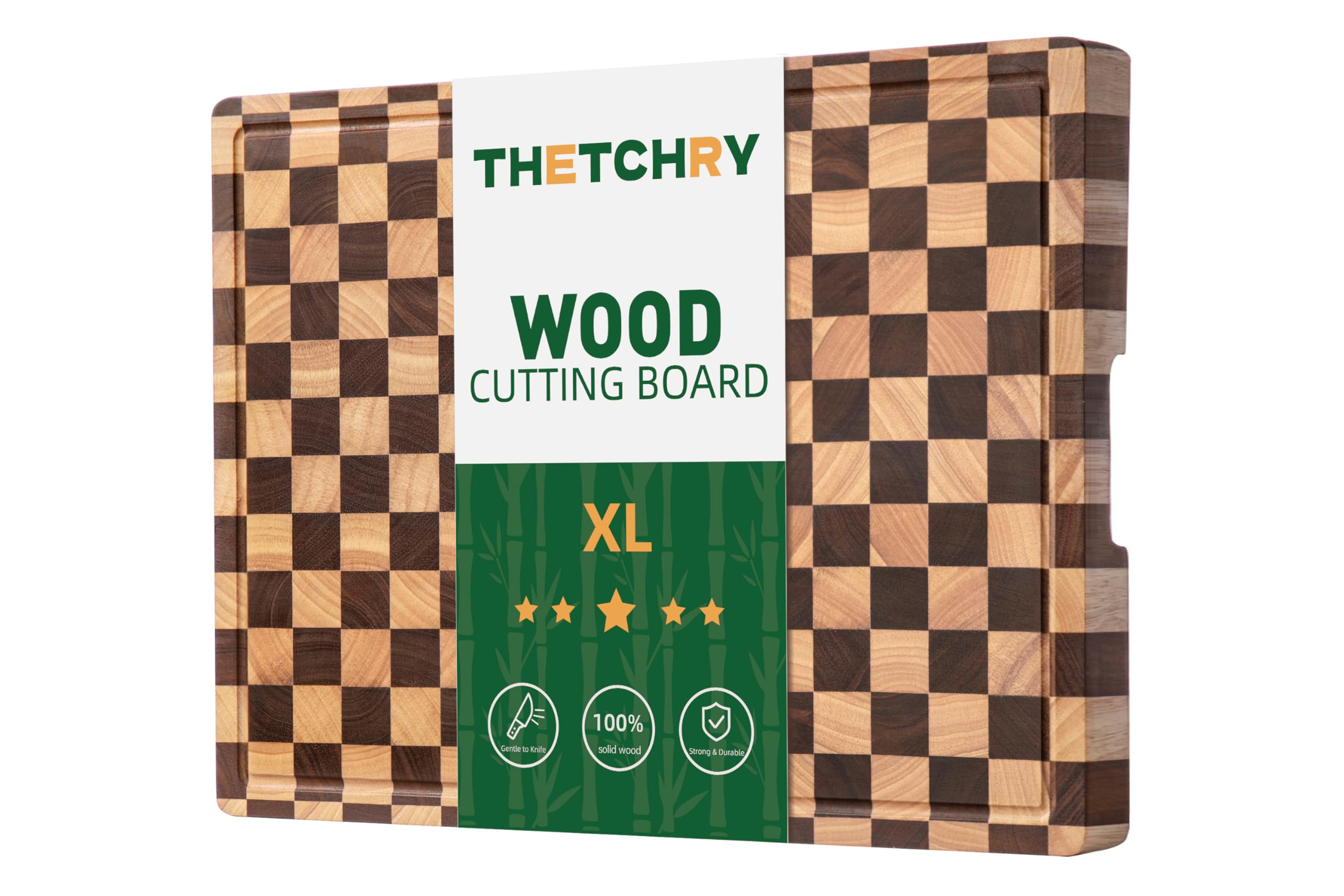 Thetchry checkered acacia cutting board with juice grooves for easy liquid control