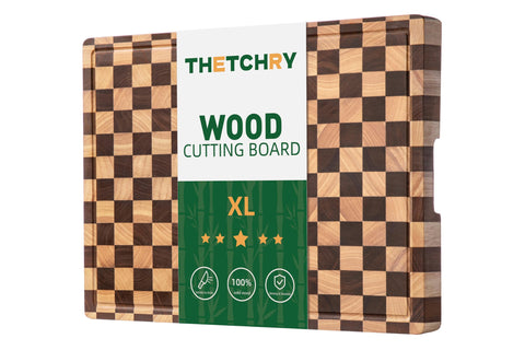 Thetchry checkered acacia cutting board with juice grooves for easy liquid control