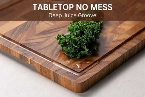 thetchry cutting board with juice groove prevents spills and keeps counters clean.