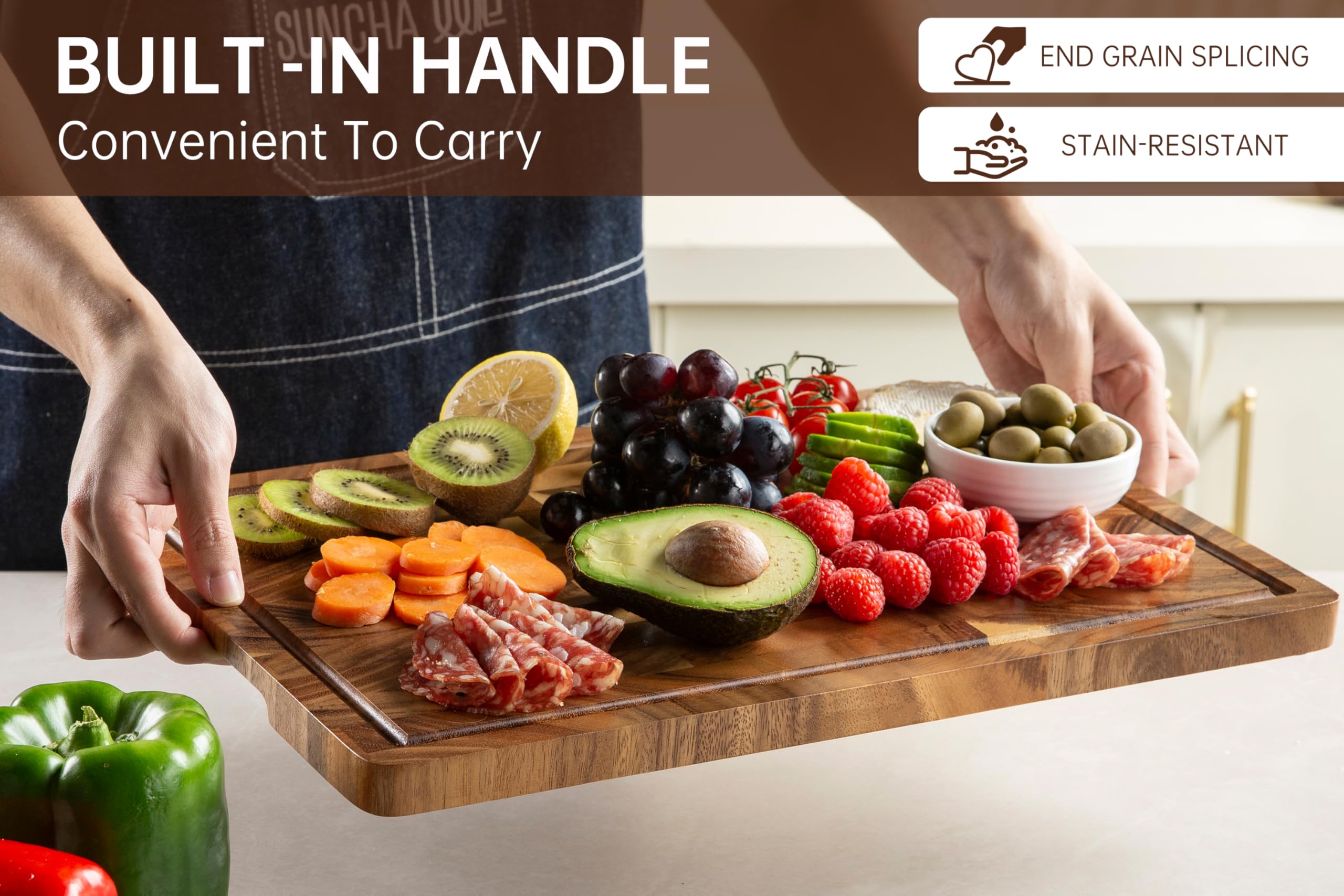 thetchry walnut board with non-slip feet provides stable chopping on any counter.