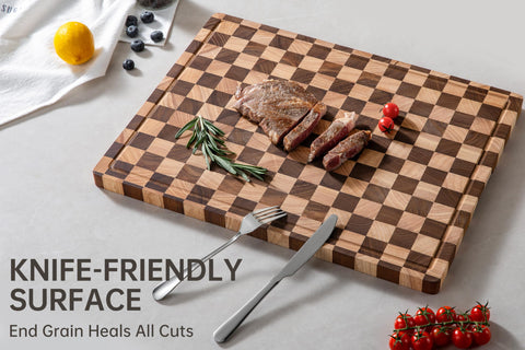 Thetchry end grain butcher’s block emphasizes durability and knife friendliness