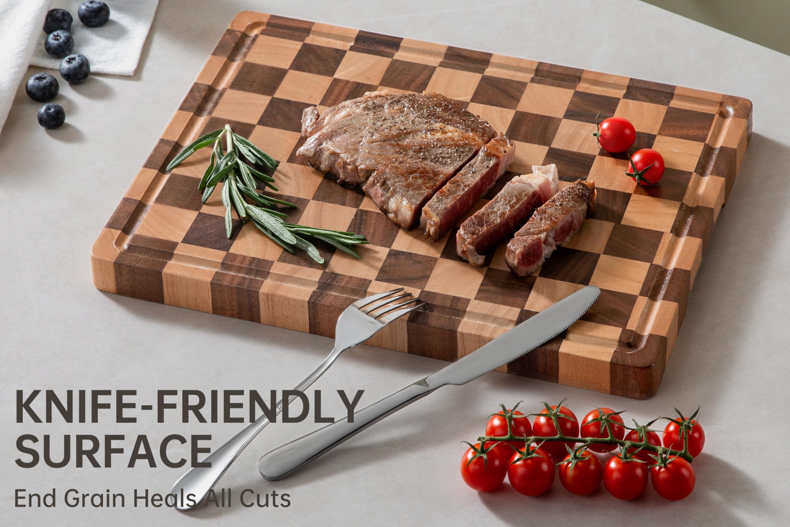 Thetchry end grain board back side serves as charcuterie or cheese platter.
