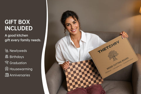 Thetchry checkered acacia board adds a stylish kitchen prep touch.