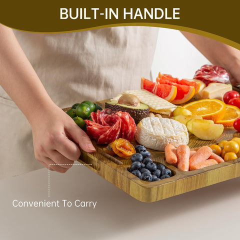 thetchry teak board’s juice grooves prevent countertop mess during prep