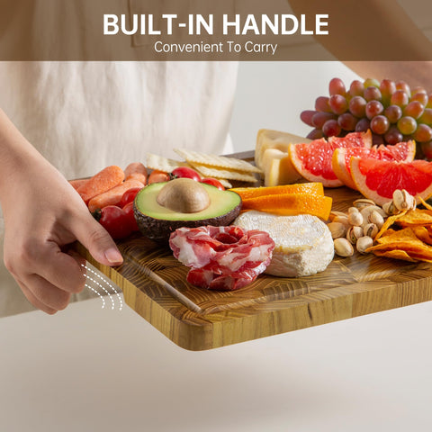 thetchry teak cutting board with non-slip feet stays steady on surfaces for safer chopping.