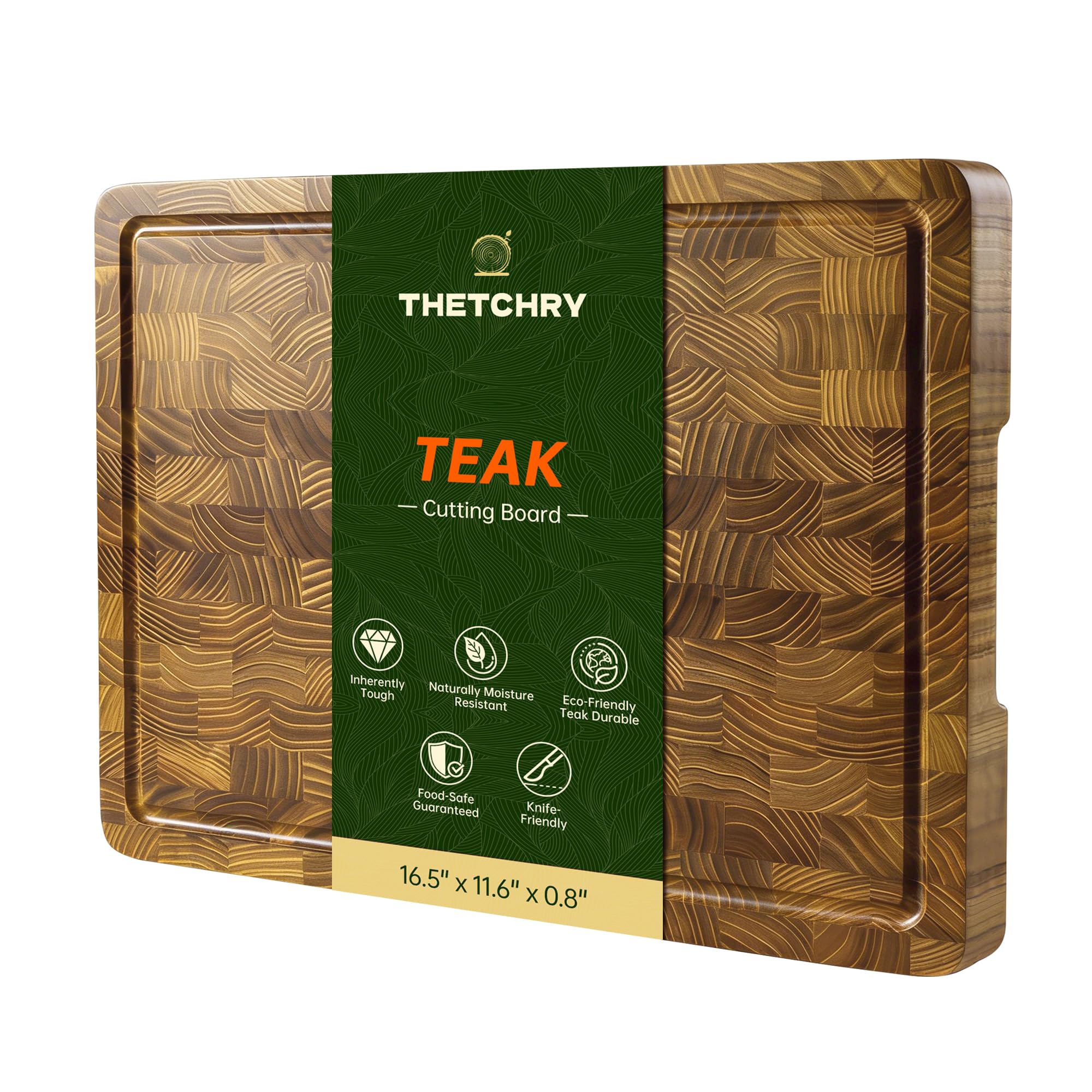 thetchry teak end grain cutting board with juice groove helps contain mess during prep.