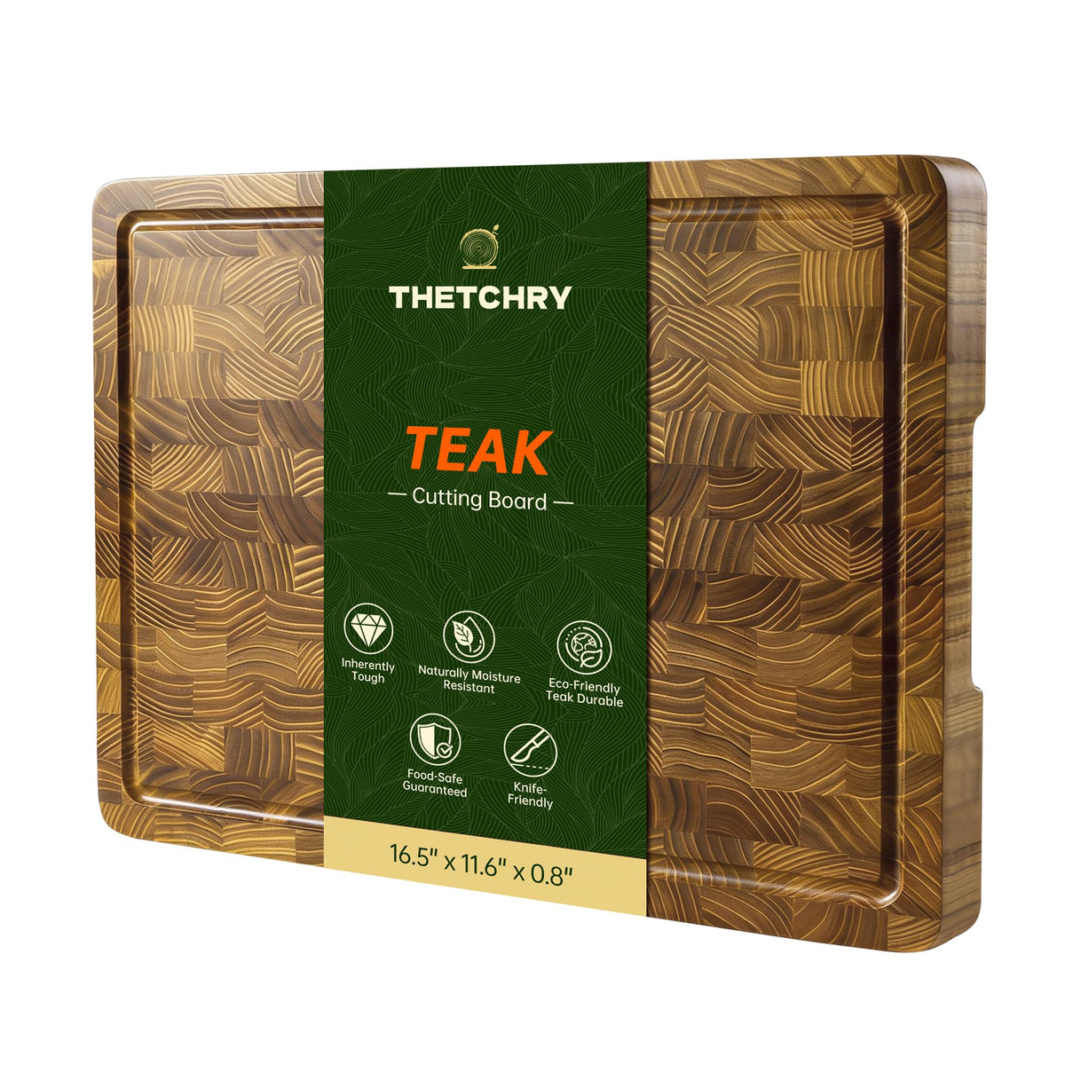 thetchry teak end grain cutting board with juice groove helps contain mess during prep.