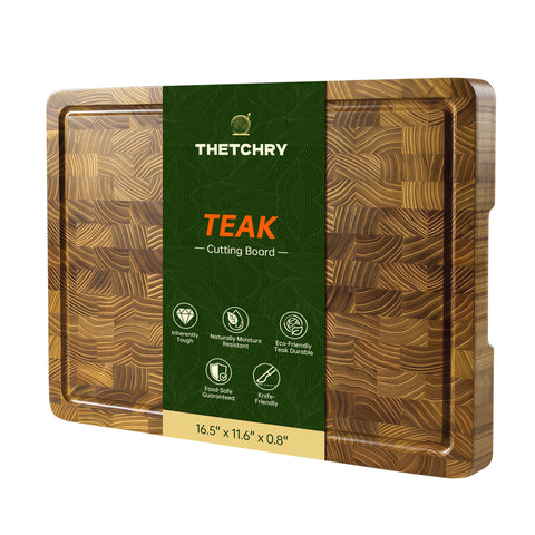 thetchry teak end grain cutting board with juice groove helps contain mess during prep.