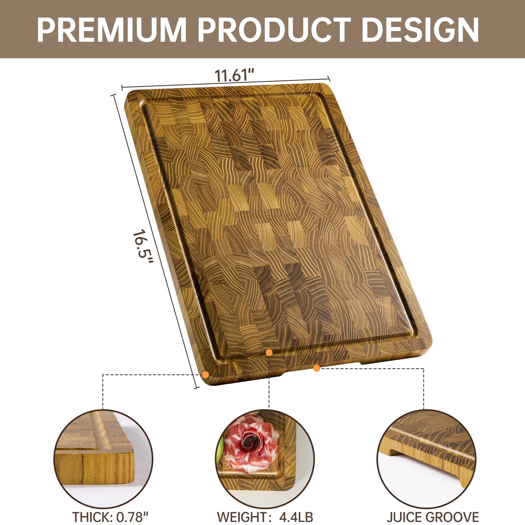 thetchry teak end grain board is reversible for extended use and versatile serving.