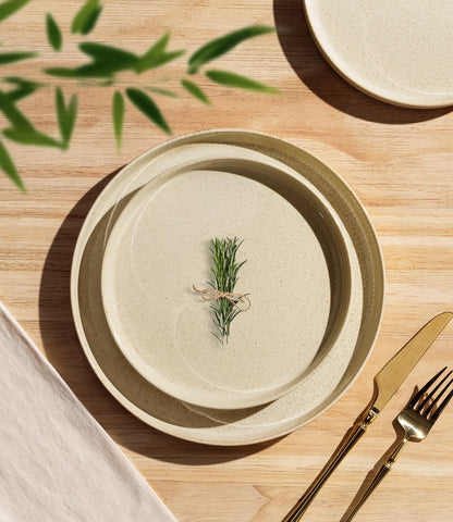 TheTerra bowls with speckled glaze for versatile meals and microwave-safe use.