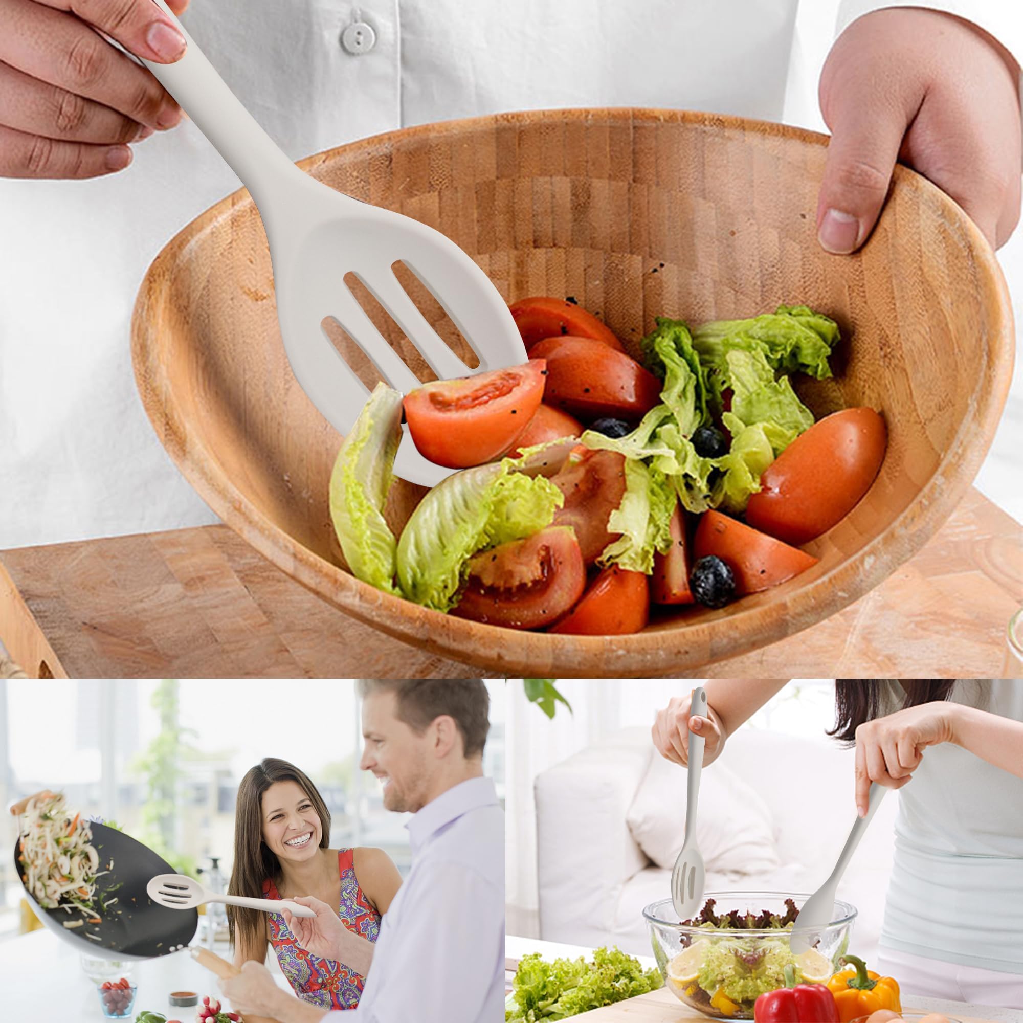 Thimmamma silicone spoons in use for stirring and serving