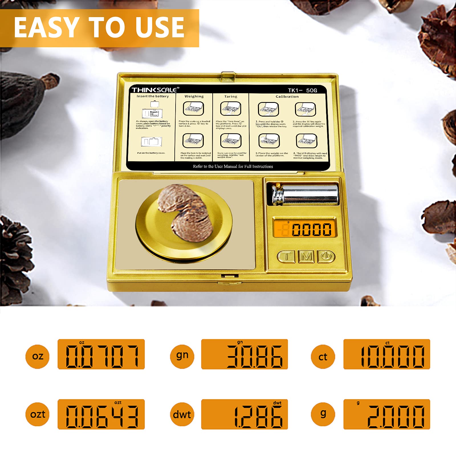 THINKSCALE includes tweezers, spoon, pan for easy small-item weighing