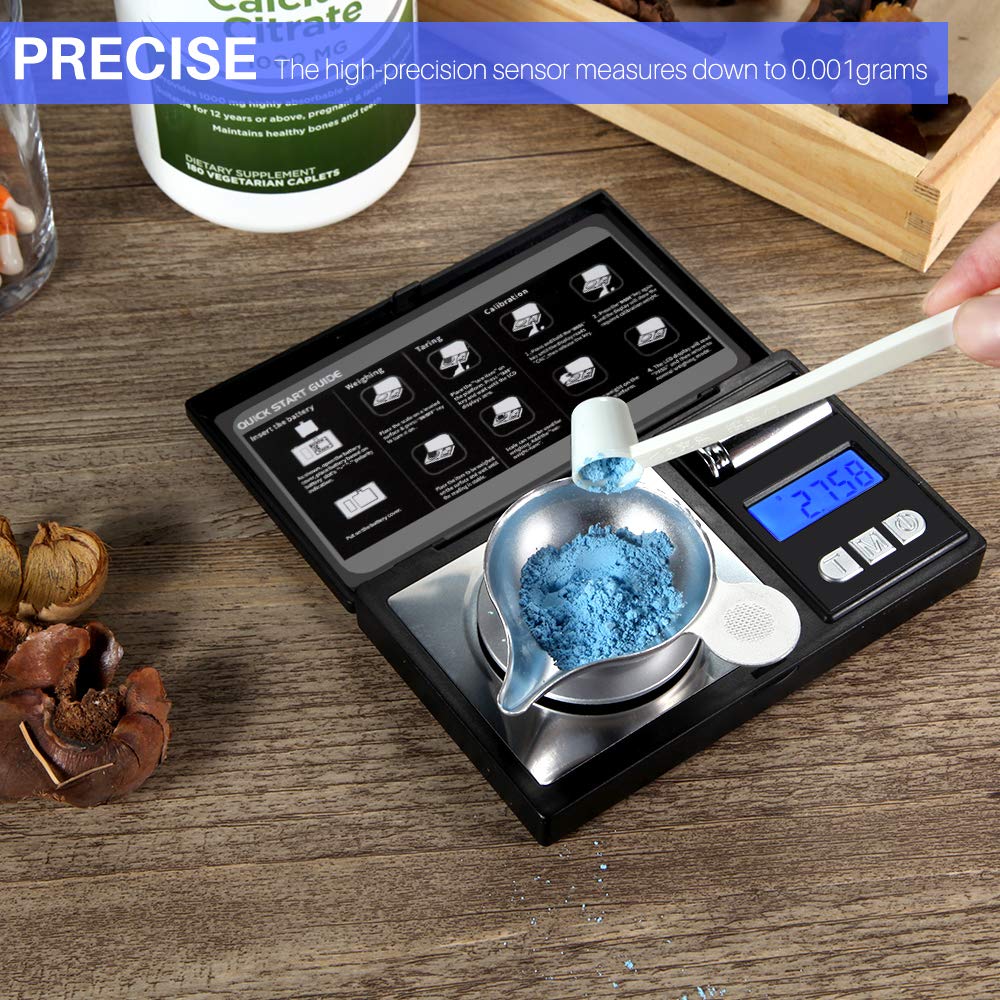 THINKSCALE milligram scale tare button makes accurate net weights by subtracting container mass.