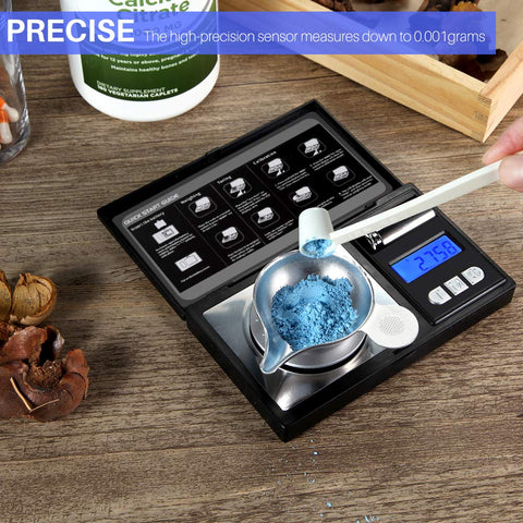 THINKSCALE milligram scale tare button makes accurate net weights by subtracting container mass.