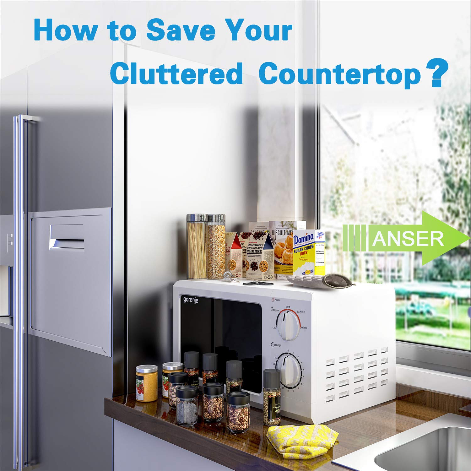Thipoten compact shelf frees counter space and reduces cabinet clutter.
