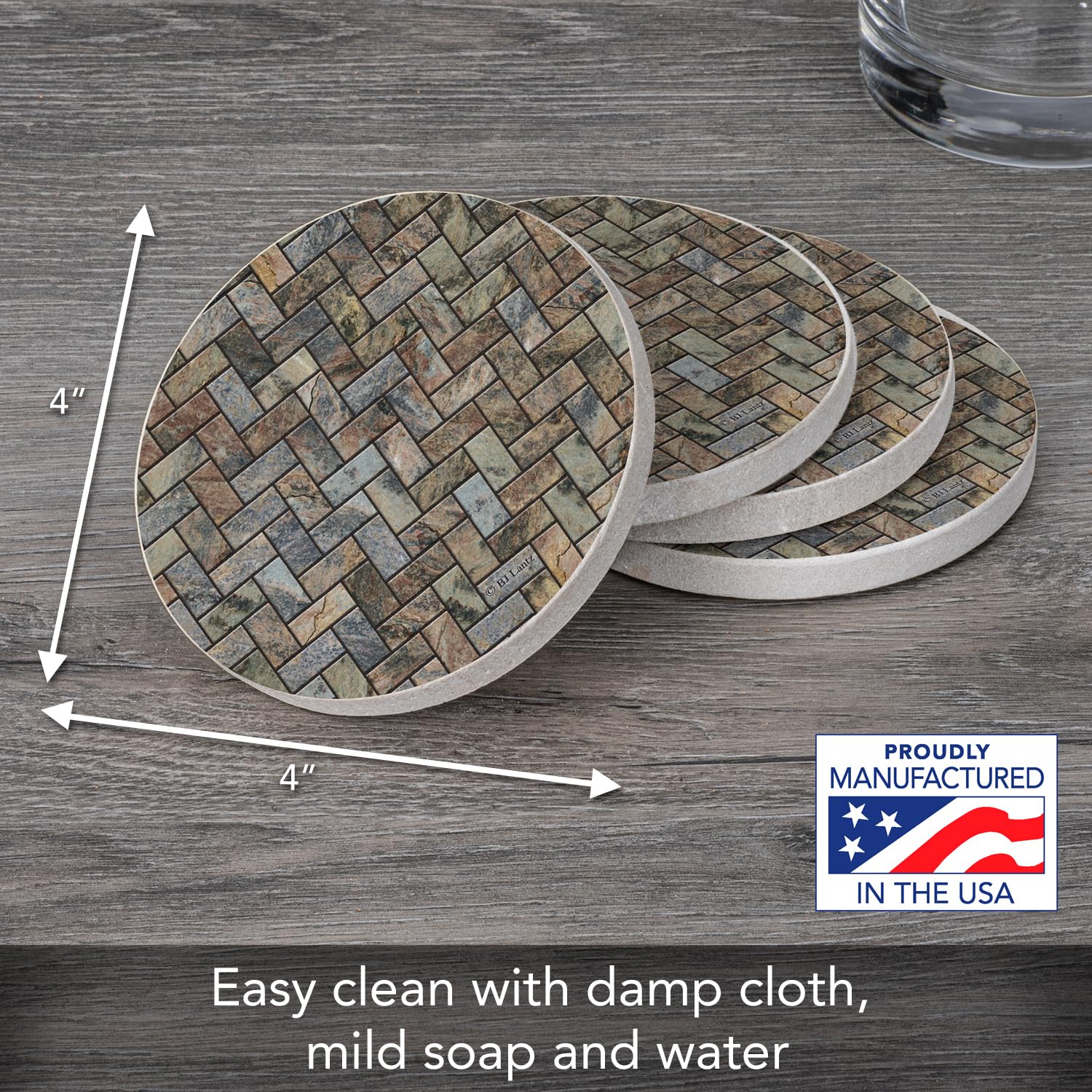 Thirstystone easy-clean sandstone coaster wipes clean quickly after use.