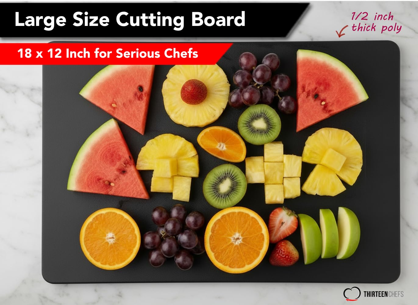 Thirteen Chefs black cutting board, knife-mark hiding, keeps counters clean.