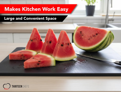 Thirteen Chefs black cutting board, anti-slip base stays steady during prep.