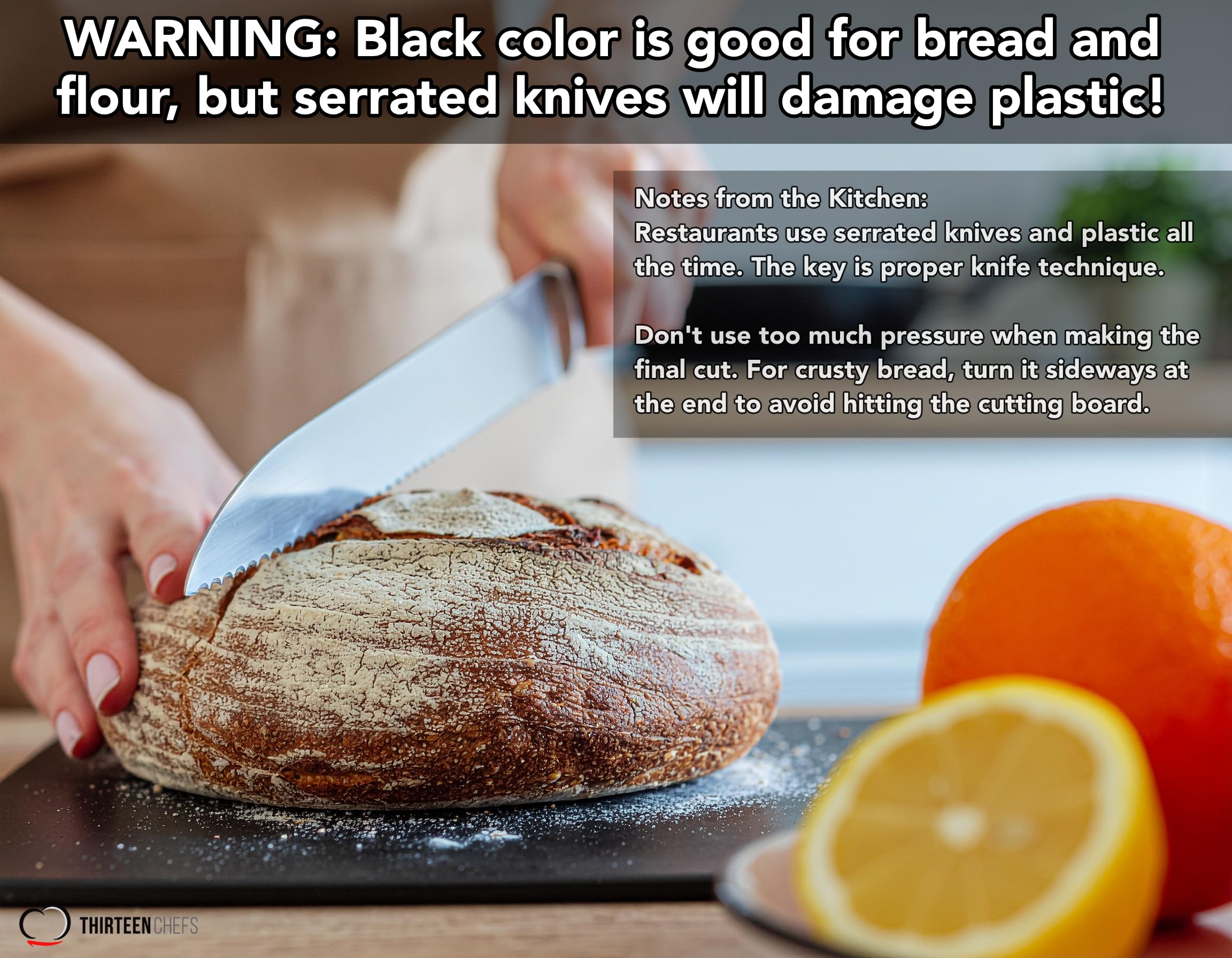 Thirteen Chefs black cutting board hides stains, great for grilling.