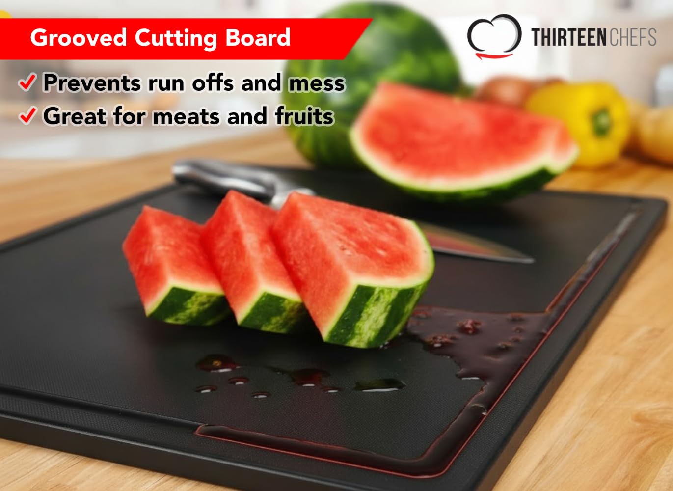 Thirteen Chefs commercial-grade plastic cutting board resists warping in busy kitchens.