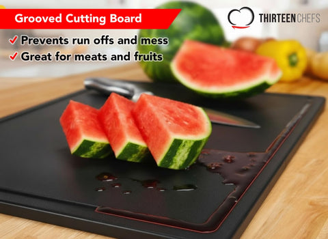Thirteen Chefs commercial-grade plastic cutting board resists warping in busy kitchens.