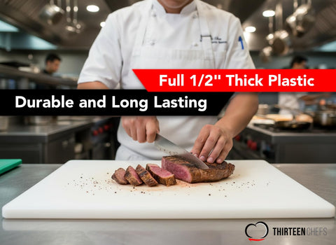 Thirteen Chefs cutting board 18x12 with NSF stamp for commercial kitchen use.