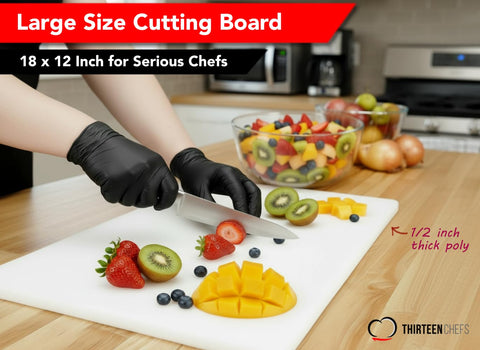 Thirteen Chefs cutting board 18x12 side angle showing durable, warp-resistant surface.