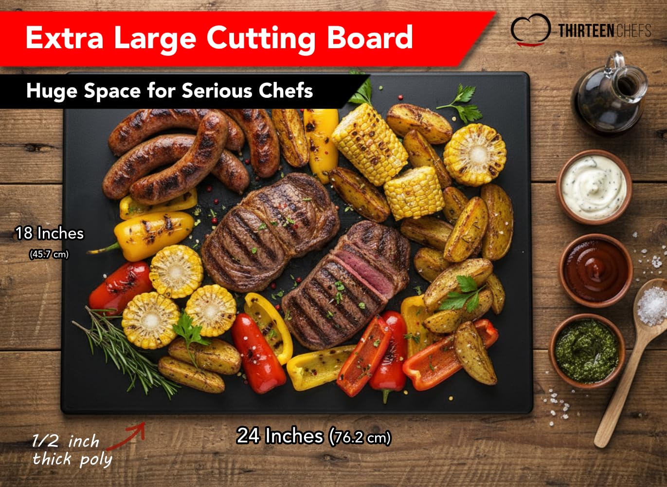 Thirteen Chefs 24x18 cutting board in use on a professional kitchen counter