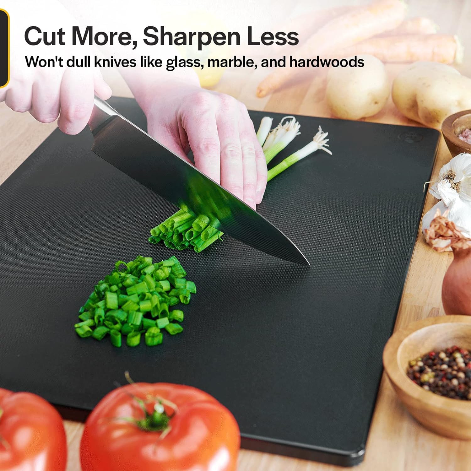 Thirteen Chefs black cutting board hides knife marks for a clean look