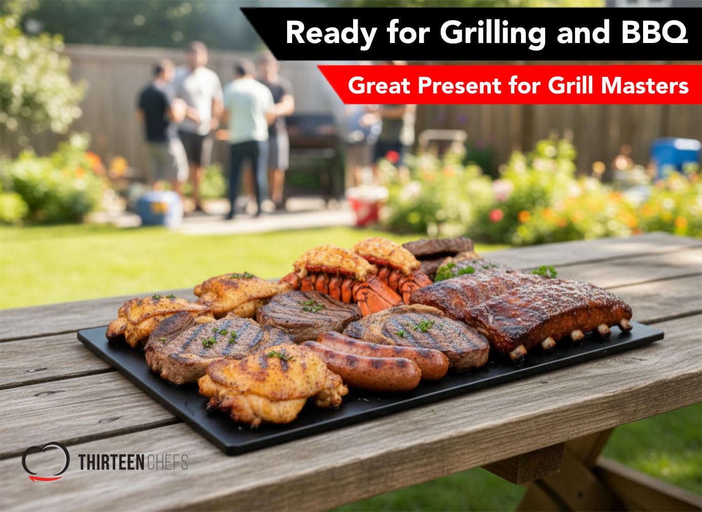 Thirteen Chefs black HDPP cutting board resists staining during meat prep