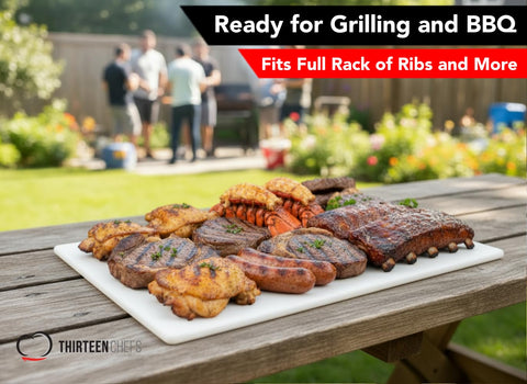Thirteen Chefs extra-large board ideal for BBQ and bulk prep.