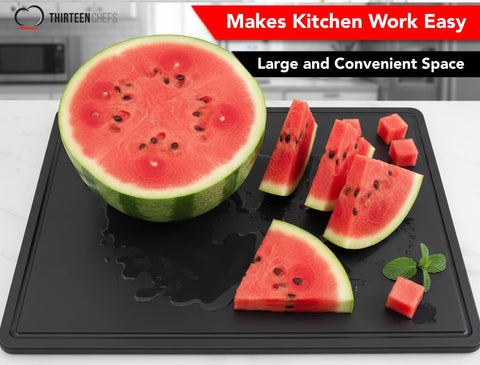 Thirteen Chefs cutting board close-up shows rugged build for busy kitchens.