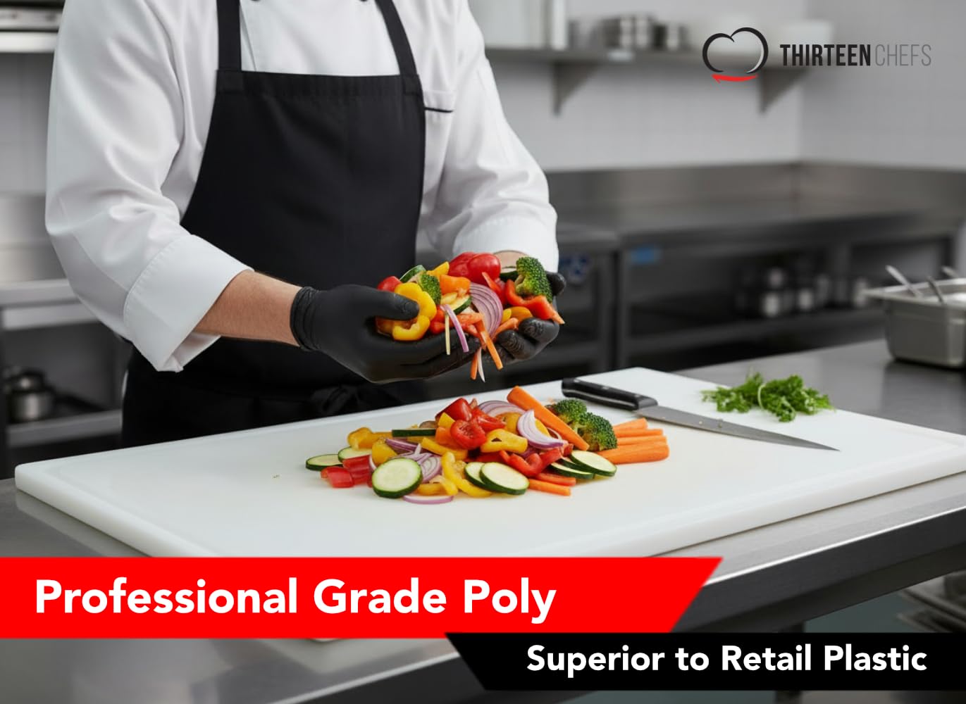 Thirteen Chefs board rated for commercial dishwashers in professional settings.