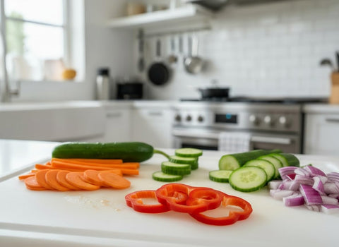 Thirteen Chefs cutting board is dishwasher-safe up to 180F for fast cleanup