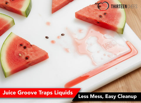 Thirteen Chefs board made from HDPE with non-porous surface for easy cleaning.
