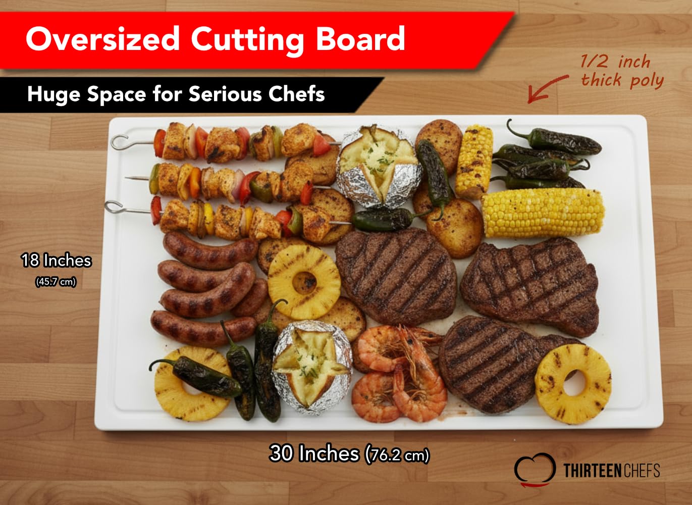 Thirteen Chefs cutting board with juice groove deep channel catching juices and trimmings.