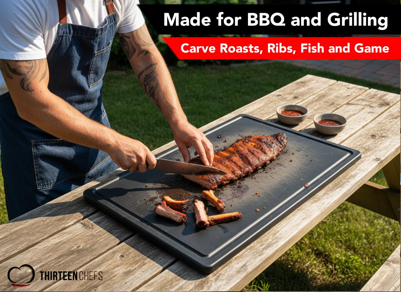 Thirteen Chefs 30x18 cutting board for bbq-prep catches drips during grill sessions.
