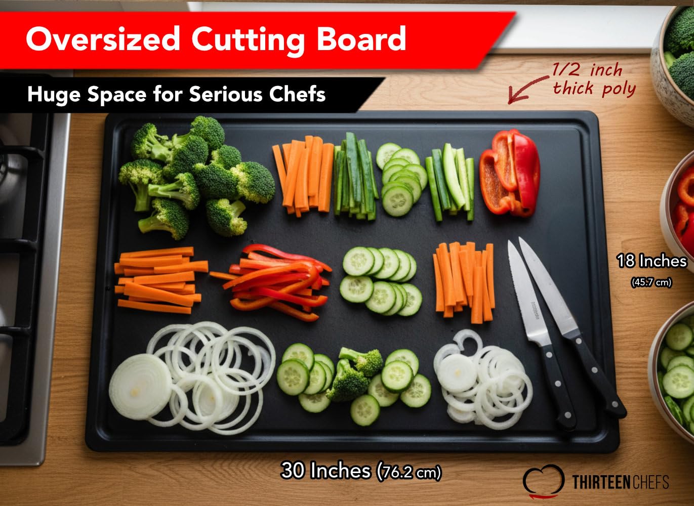Thirteen Chefs XL 30x18 cutting board for carving meat provides a stable workspace.