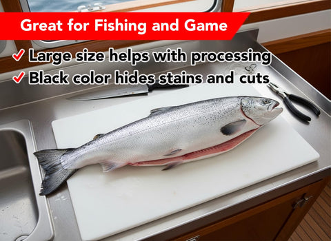 Thirteen Chefs cutting board for fish prep keeps workspace clean.