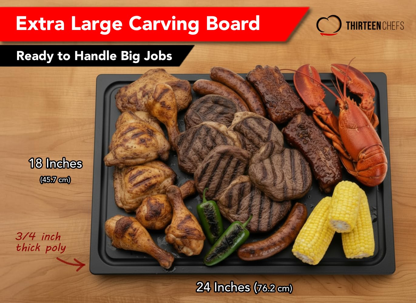 Thirteen Chefs professional 24x18 grooved board side view emphasizing thickness