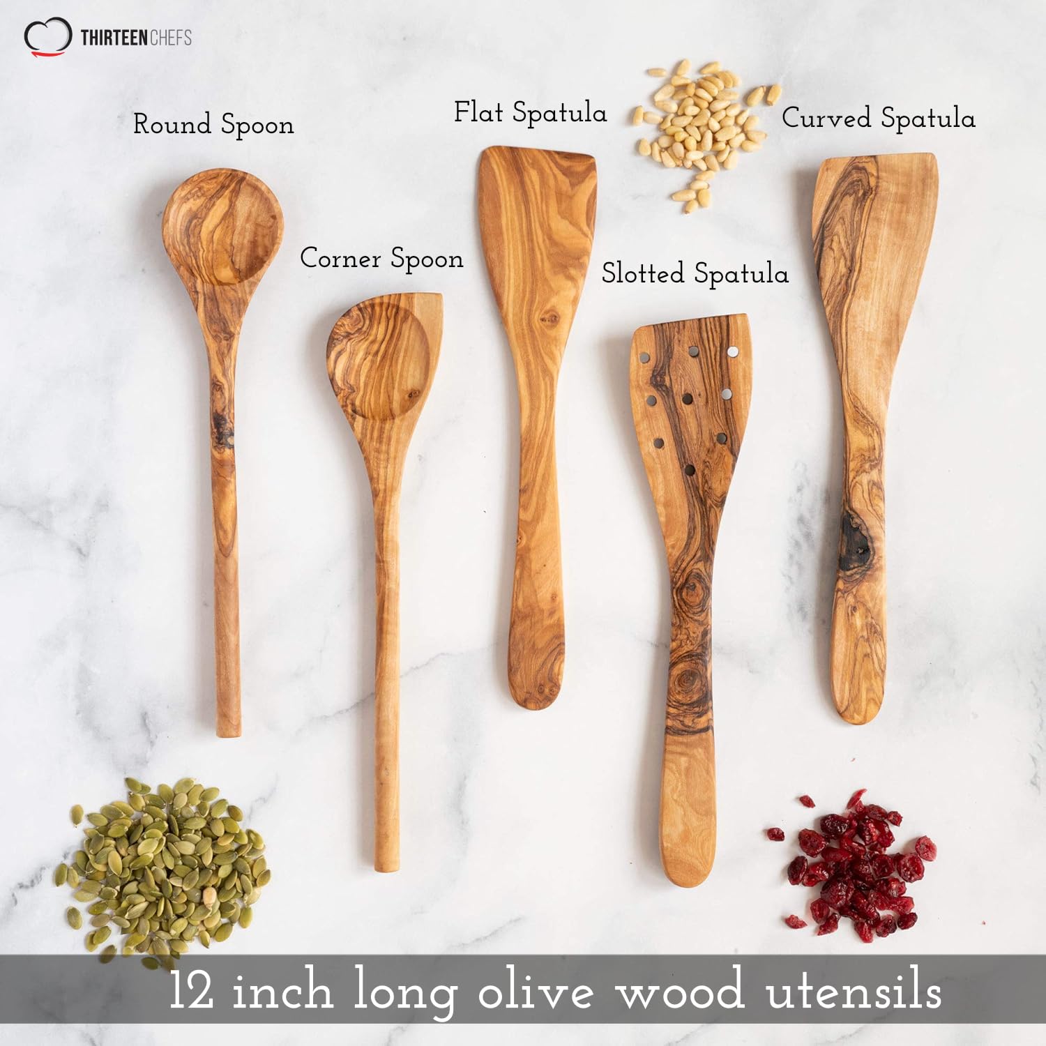 Thirteen Chefs Tramanto curved spatula showcases ergonomic handle for comfortable stirring.